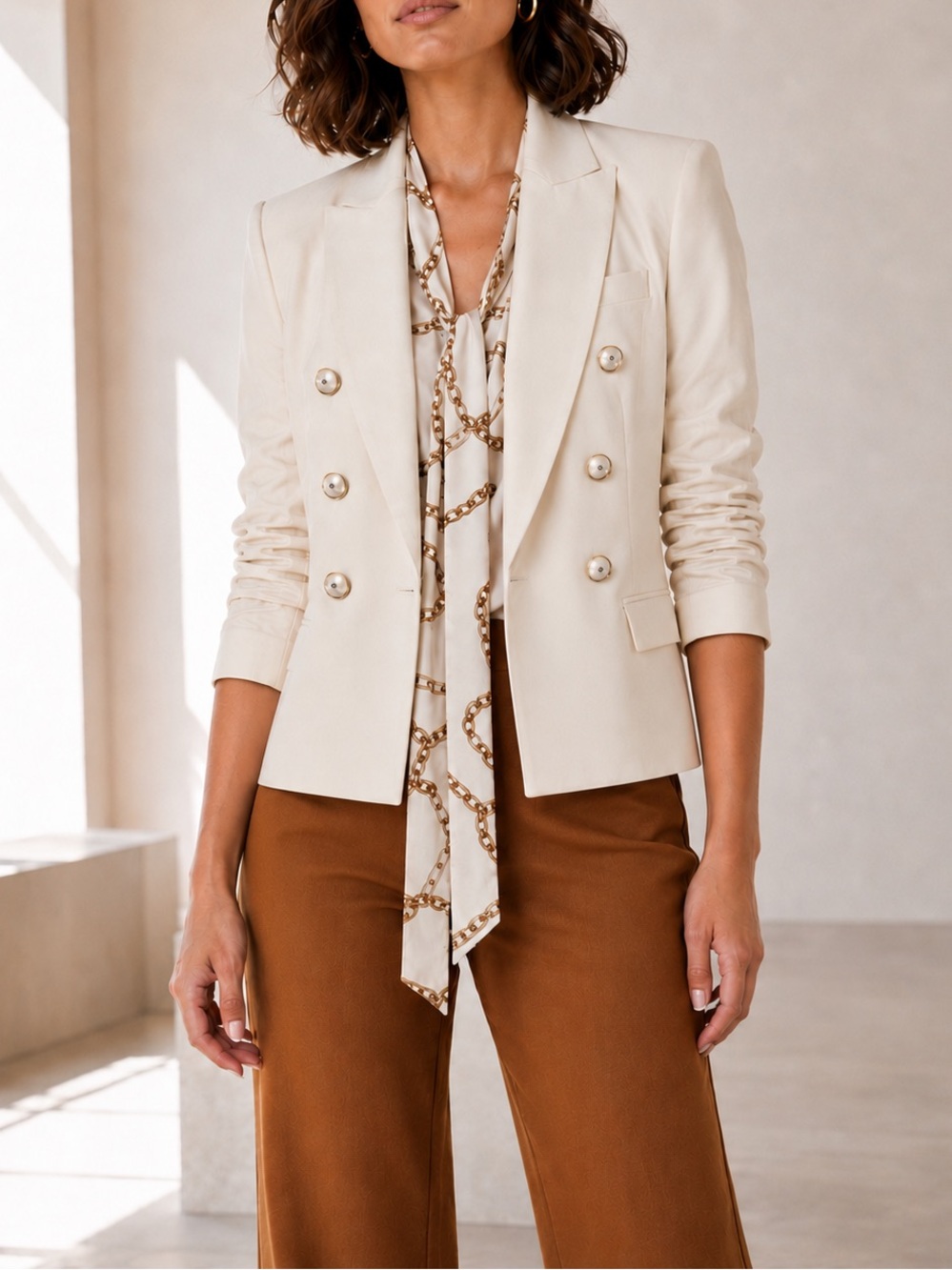 VERONICA BEARD || Cream Ruched Sleeve Vegan Leather Dickey Blazer Jacket Size 10